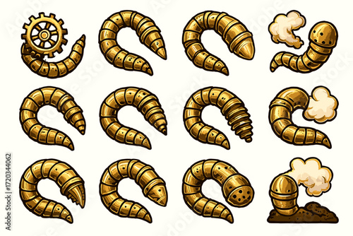 Steampunk worm gear collection with smoke dynamics displaying curved metallic designs