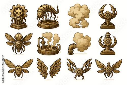 Steampunk-inspired mechanical insects and gears collection with smoke effects