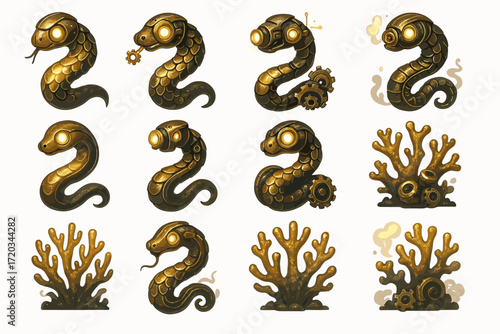 Steampunk serpent and coral designs with gears and mechanisms