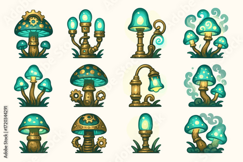 Fantasy steampunk mushroom lamps - glowing designs with gears and spirals