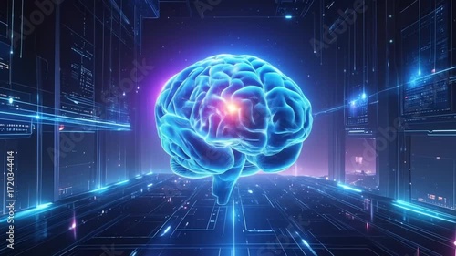 Digital Brain with Neural Network Activity on Technology Circuit Board Background