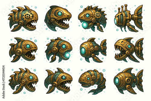 Steampunk robotic fish collection with mechanical gears and vintage design elements