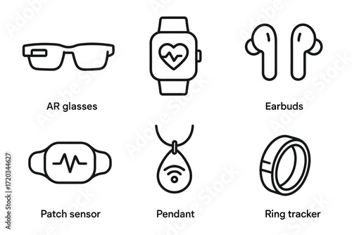 Collection of smart wearable devices: ar glasses, earbuds, watch, sensor, pendant, ring tracker