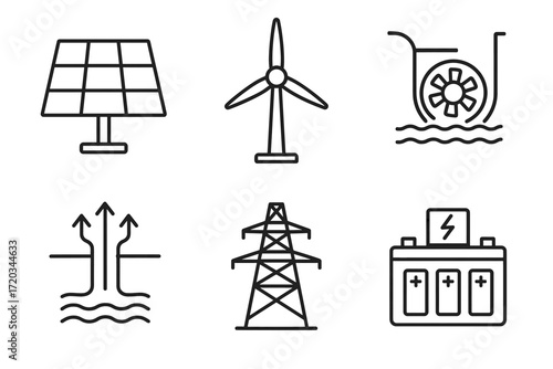 Renewable energy icons: solar panel, wind turbine, hydropower, geothermal, power line, battery