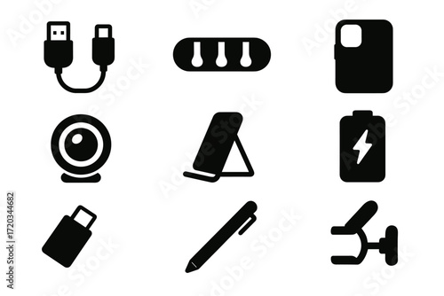 Black silhouette icons of electronic accessories and devices