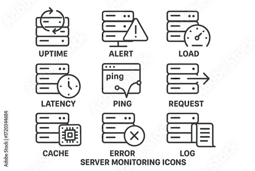 Server monitoring icons: uptime, alert, load, latency, ping, request, cache, error, log
