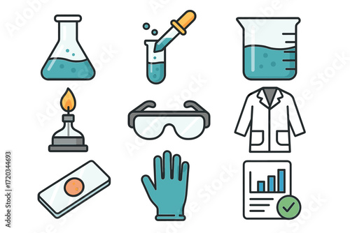Laboratory equipment icons: flask, test tube, beaker, safety gear, bunsen burner