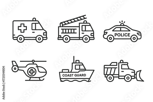Emergency vehicles icons: ambulance, fire truck, police car, helicopter, coast guard boat, snowplow