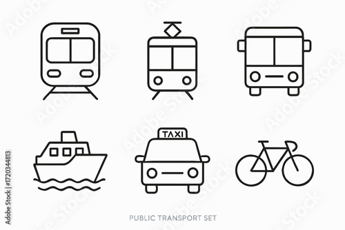 Outline icons of public transportation: train, tram, bus, boat, taxi, bicycle