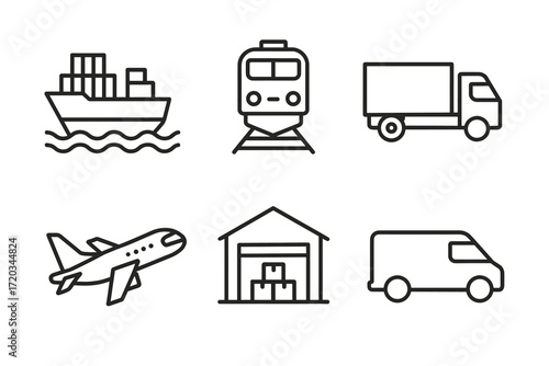 Transportation icons: ship, train, truck, plane, warehouse, van