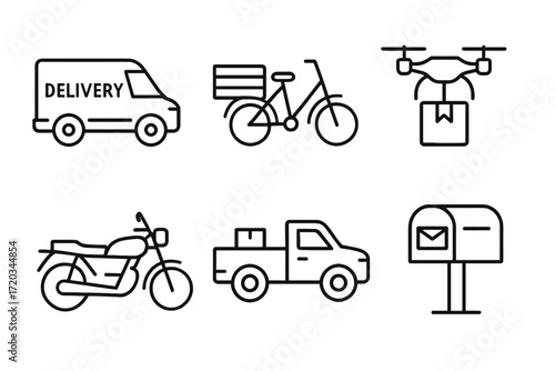 Line art icons of delivery van, bicycle, drone, motorcycle, pickup truck, mailbox