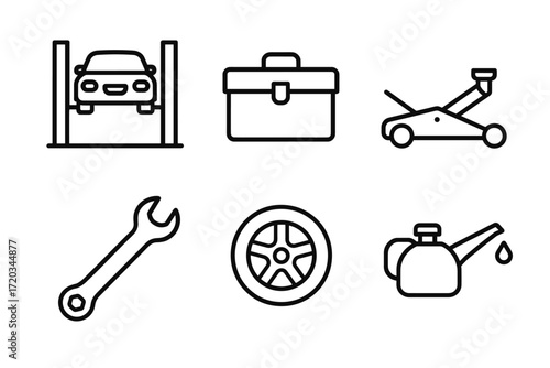 Car maintenance icons: lift, toolbox, jack, wrench, tire, oil