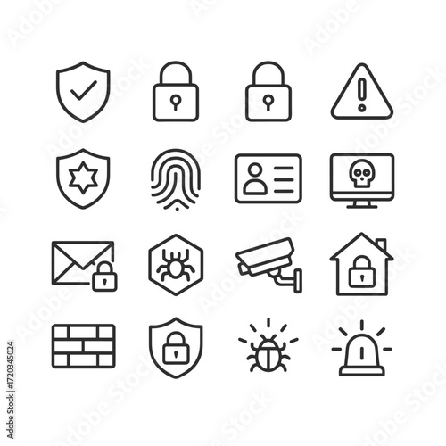 Security icon set with protection and safety symbols. Outline symbols. Line design