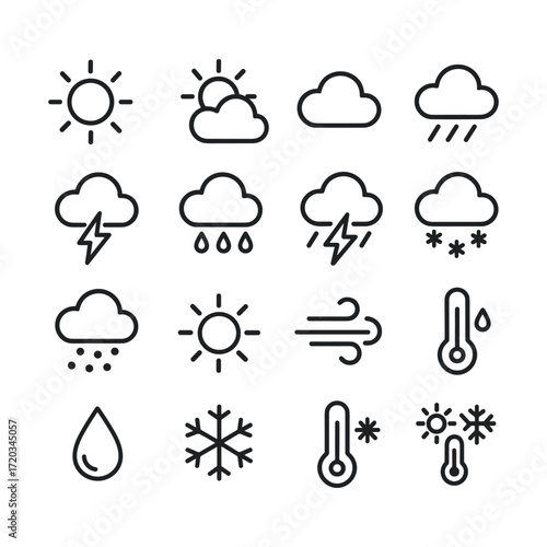 Weather icon set with climate and meteorology symbols. Outline symbols. Line design