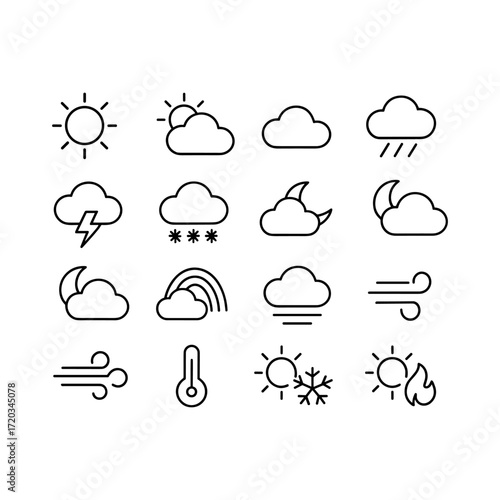 Meteorological weather icons with seasonal elements. Outline symbols. Line design