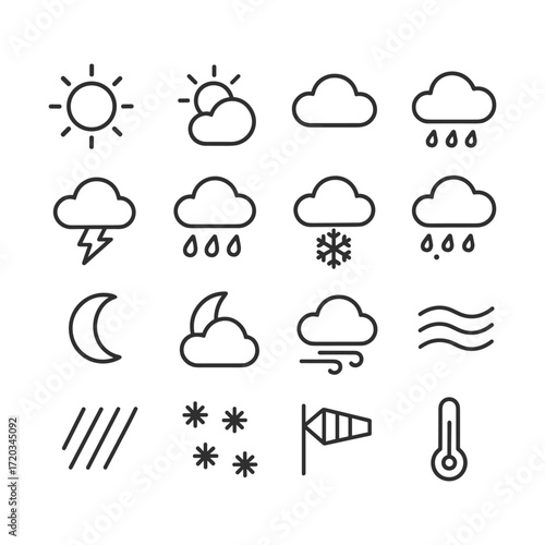 Complete weather icon collection with forecast symbols. Outline symbols. Line design
