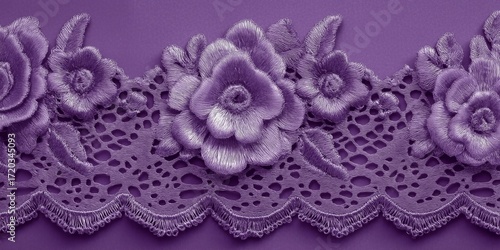 Romantic purple lace with embroidered roses evokes vintage elegance, suitable for wedding, fashion, or feminine branding backgrounds