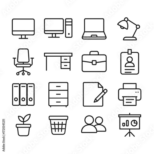 Workplace and productivity vector icons set. Outline symbols. Line design