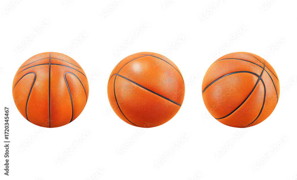Fototapeta premium Basketball set of 3 icons, orange sports balls, realistic PNG asset
