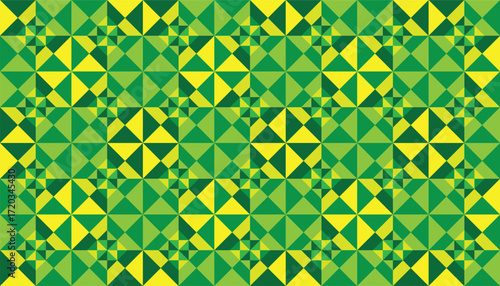 A seamless geometric pattern featuring green and yellow pinwheel-style shapes arranged in a precise grid. The design has a fresh and vibrant appearance, combining triangles and diamonds.