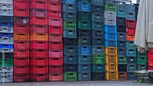 Empty Plastic and Food Fruit Vegetables Crates Stacked Behind Grocery Store Market Stand during Global Food Supply Crisis