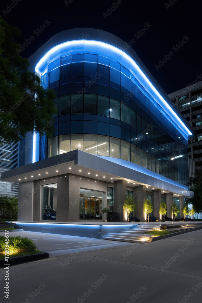 Fototapeta premium Modern building exterior illuminated at night with blue lights