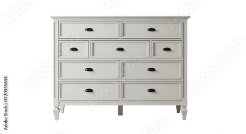 White dresser with multiple drawers isolated on transparent background in studio