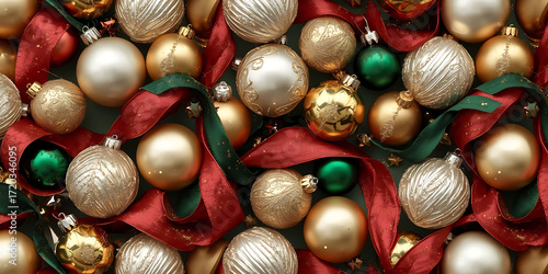 Festive Christmas Ornaments with Gold, Silver, and Green Baubles and Ribbons