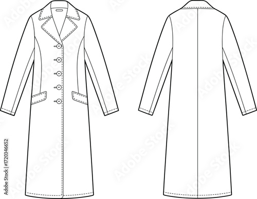 Fashion sketch of long trench coat with buttons, front and back view, technical flat drawing, coat design template for sewing patterns