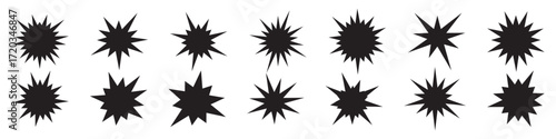 Set of comic splash, explosion, burst, bang, blast, shine and star vector icons isolated on transparent background. Perfect design elements for sale labels, discount stickers, promo tags.