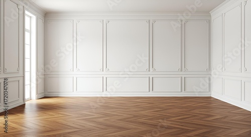Classic luxury white empty interior with wall molding panels and wooden floor. Modern white background. 3d render
