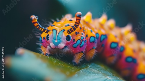 Vibrant Jewel Caterpillar on Leaf: A Macro Photography Masterpiece