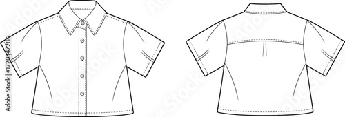 Short-sleeved shirt technical sketch, front and back view, button-up design, pointed collar, box pleat, garment illustration, fashion drawing