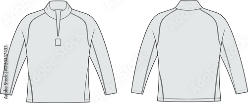 Long sleeve pullover front and back view, quarter zip raglan sketch, fashion flat, apparel design, garment mockup, vector illustration