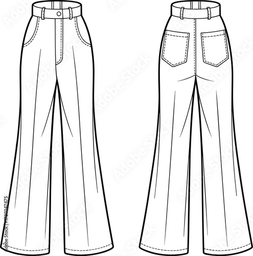Vector flat sketch of wide leg pants with front and back view, fashion technical drawing, high waist women’s trousers design