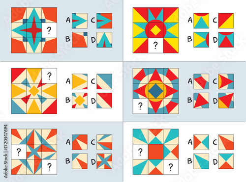 Colorful logic puzzle for kids. Find the missing square to complete the pattern in each colorful mosaic grid. Fun geometric brain teaser game for children.