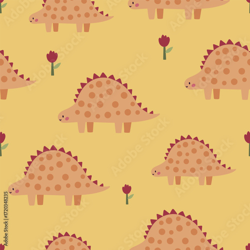 Seamless vector pattern with orange dinosaurs, cute kids yellow background