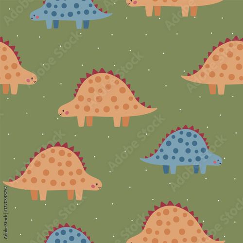 Seamless vector pattern with different types of funny dinosaurs, cute kids background