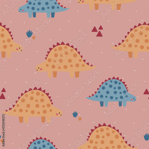 Seamless vector pattern with different types of funny dinosaurs, cute kids background