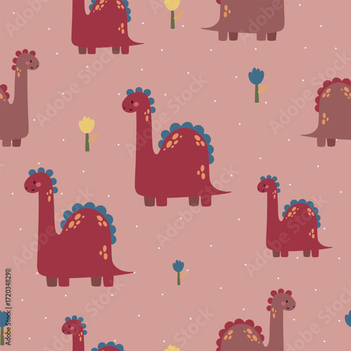 Seamless vector pattern with different types of funny dinosaurs, cute kids background