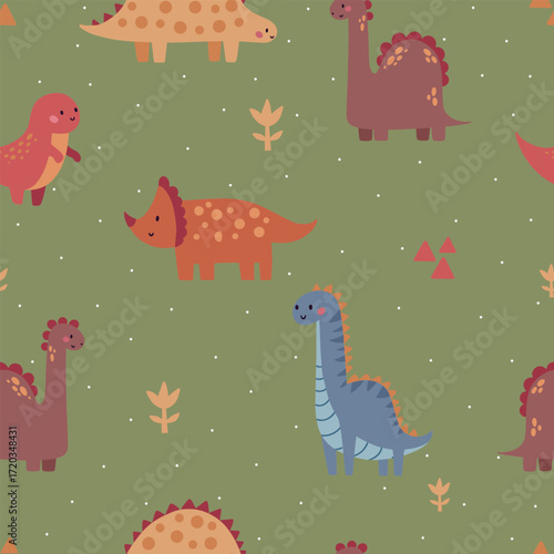 Seamless vector pattern with different types of funny dinosaurs, cute kids background