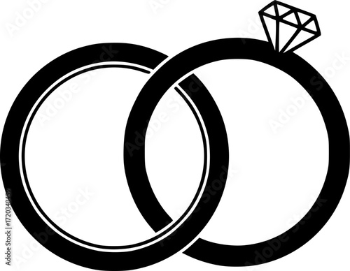 two wedding rings intertwined, one with a diamond on top, minimalist black and white, vector illustration