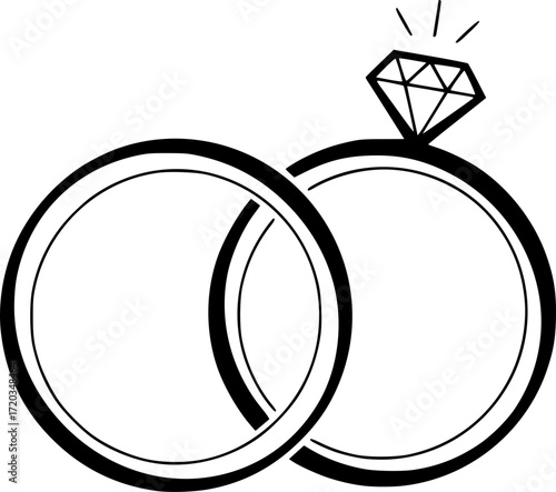 two wedding rings intertwined, one with a diamond on top, minimalist black and white, vector illustration