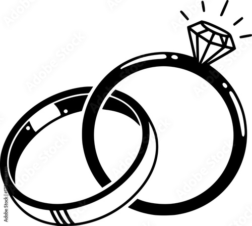 two wedding rings intertwined, one with a diamond on top, minimalist black and white, vector illustration