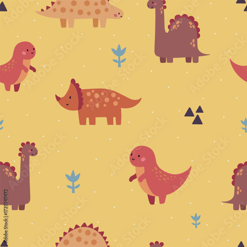 Seamless vector pattern with different types of funny dinosaurs, cute kids yellow background
