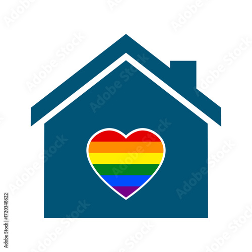 Striped heart shape with LGBT Rainbow flag colors inside a house icon.LGBT love house.Vector illustration.