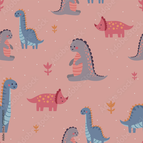 Seamless vector pattern with different types of funny dinosaurs, cute kids background