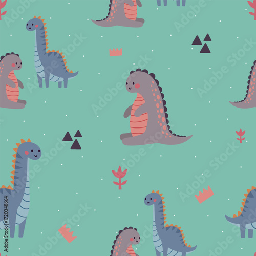 Seamless vector pattern with different types of funny dinosaurs, cute kids background
