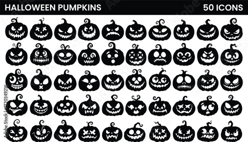 Set of Halloween pumpkins with a carved out scary faces. Vector illustration.