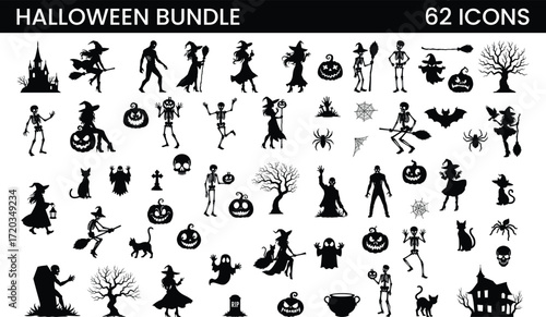 Halloween silhouette collection: skeletons, witches, pumpkins, ghosts and zombies. Vector illustration.